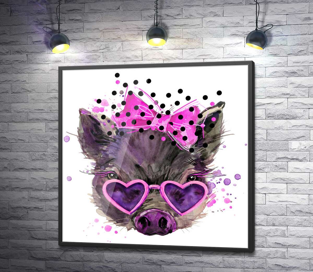 постер Гламурная свинка в очках-сердечках с розовым бантиком на макушке