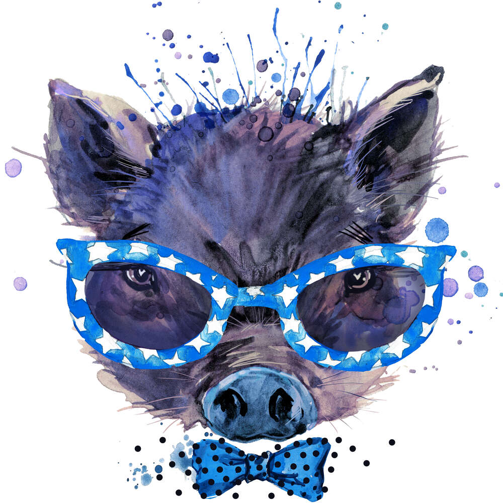 картина-постер Модний кабанчик у зіркових окулярах та синій краватці-метелику