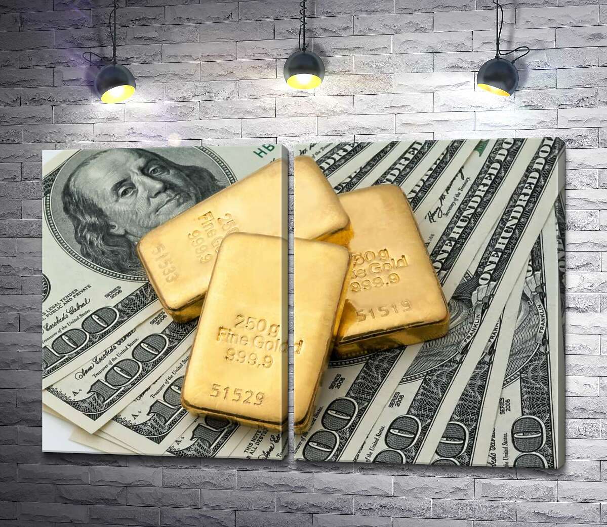 модульная картина Золотые слитки сверкают на долларовых купюрах