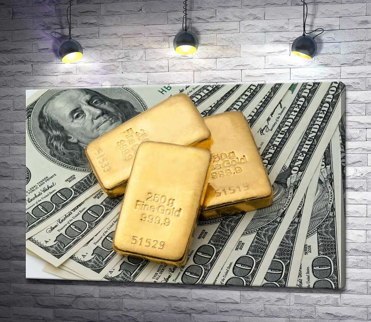 картина Золотые слитки сверкают на долларовых купюрах