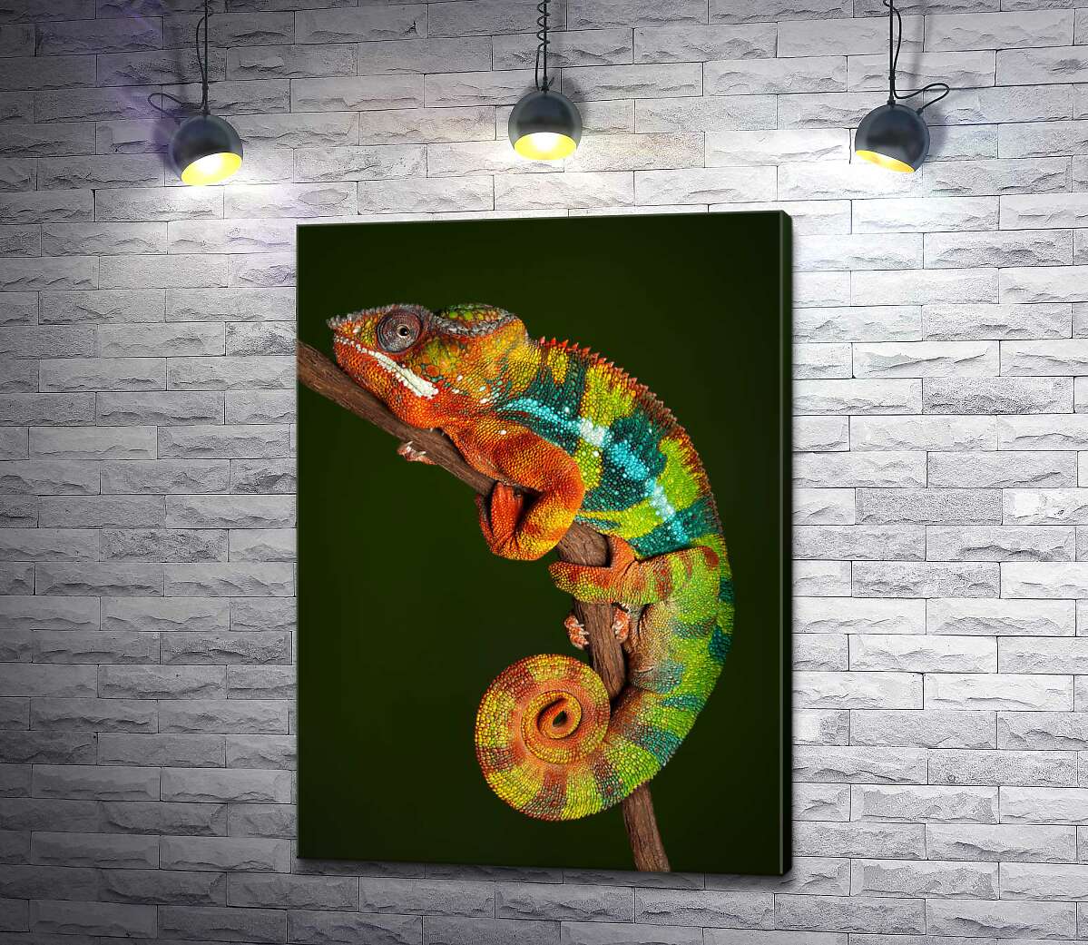 картина Яскравий хамелеон в переливах помаранчево-зелених кольорів