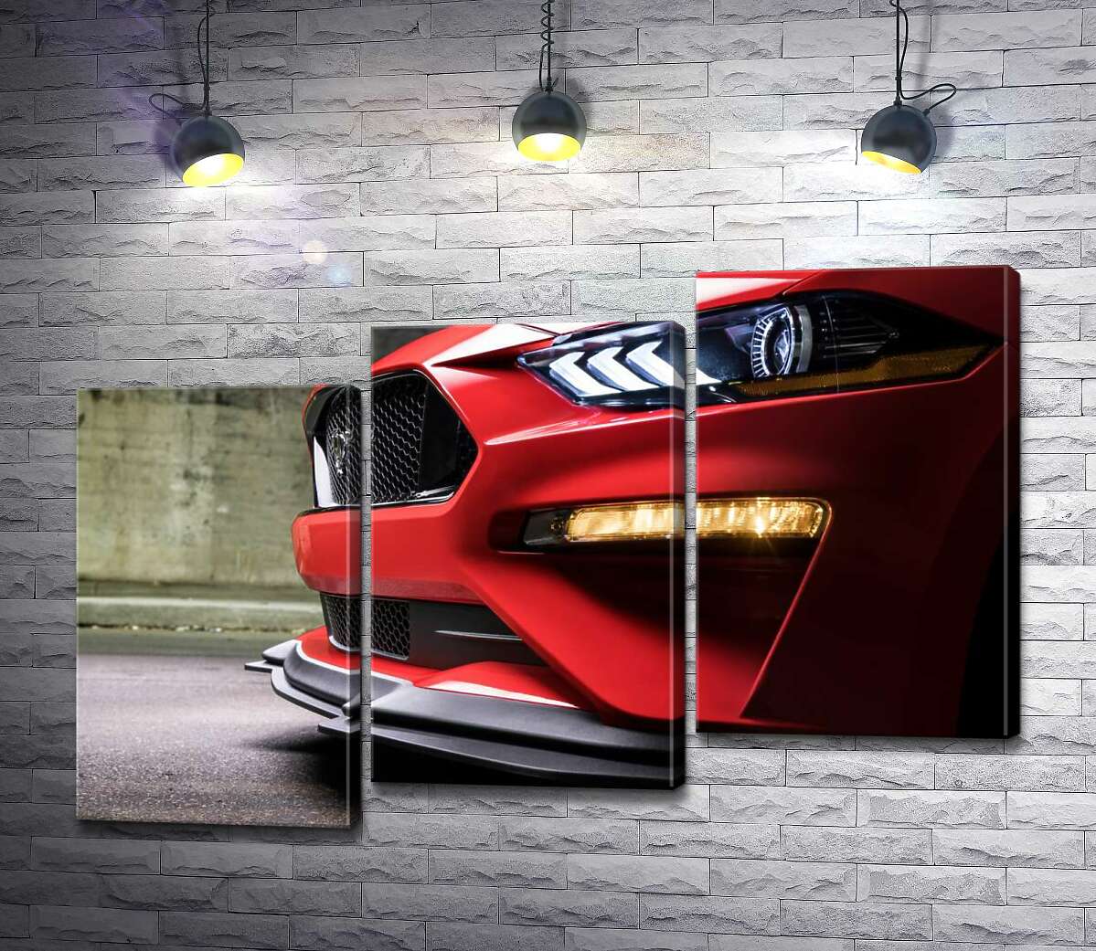 модульна картина Червоний бампер автомобіля Ford Mustang Shelby GT500 з плавними вигинами фар (Модуль №14)