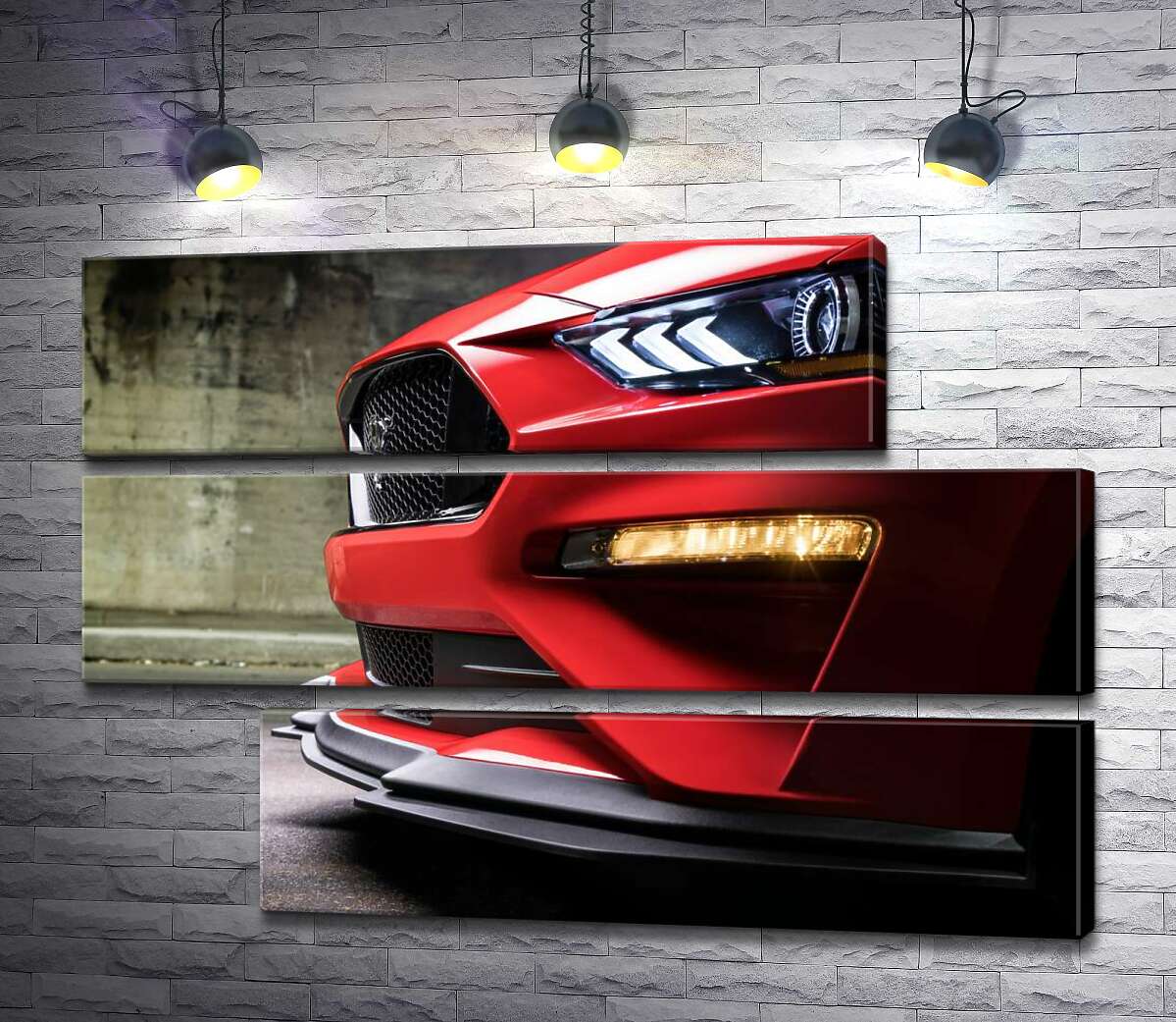 модульна картина Червоний бампер автомобіля Ford Mustang Shelby GT500 з плавними вигинами фар (Модуль №16)