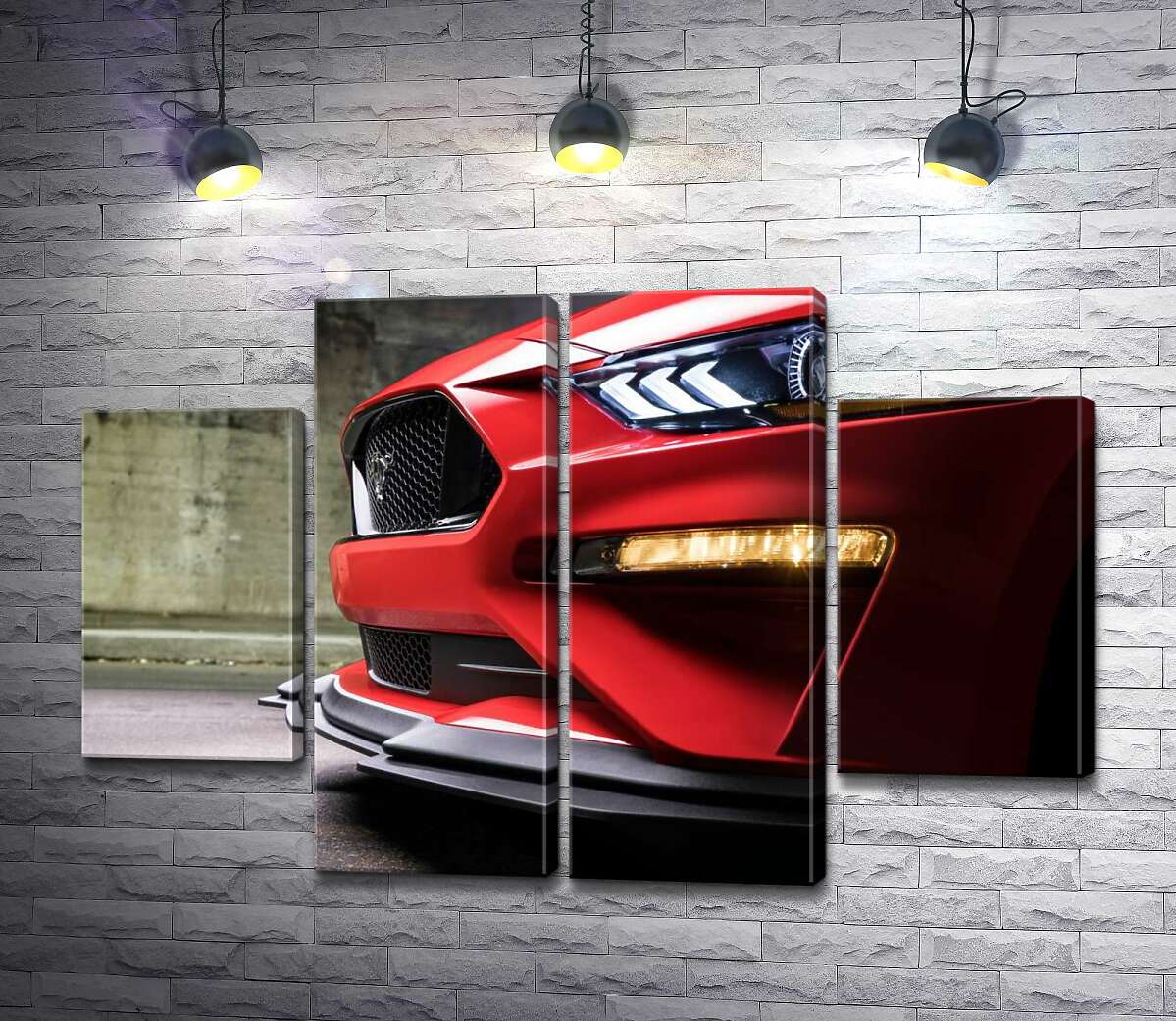 модульна картина Червоний бампер автомобіля Ford Mustang Shelby GT500 з плавними вигинами фар (Модуль №20)