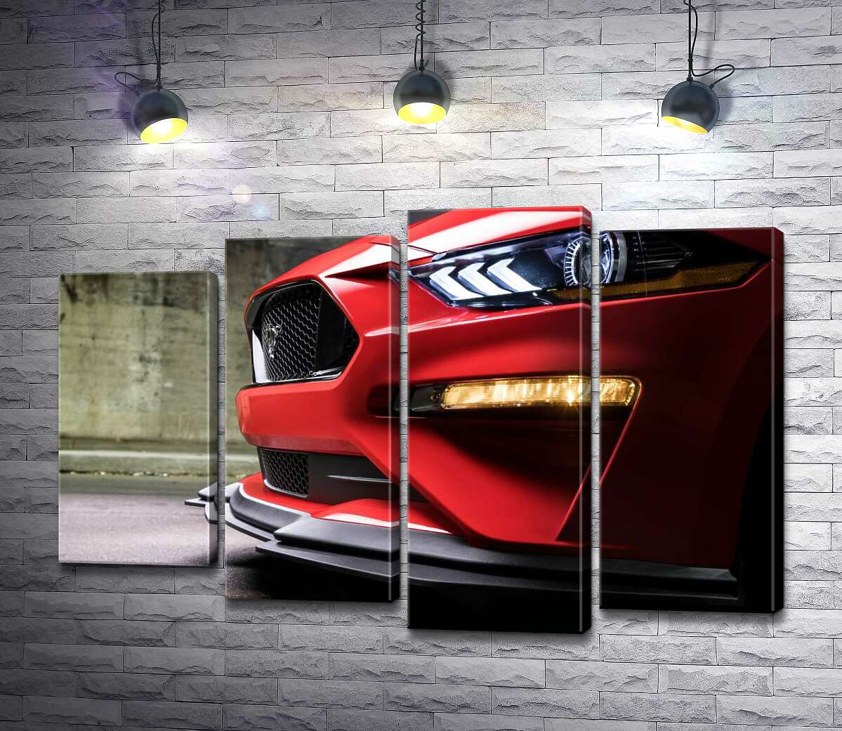 модульная картина Красный бампер автомобиля Ford Mustang Shelby GT500 с плавными изгибами фар (Модуль №3)
