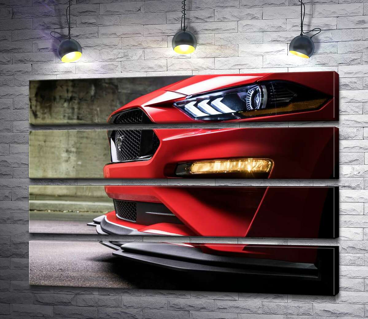 модульная картина Красный бампер автомобиля Ford Mustang Shelby GT500 с плавными изгибами фар (Модуль №22)