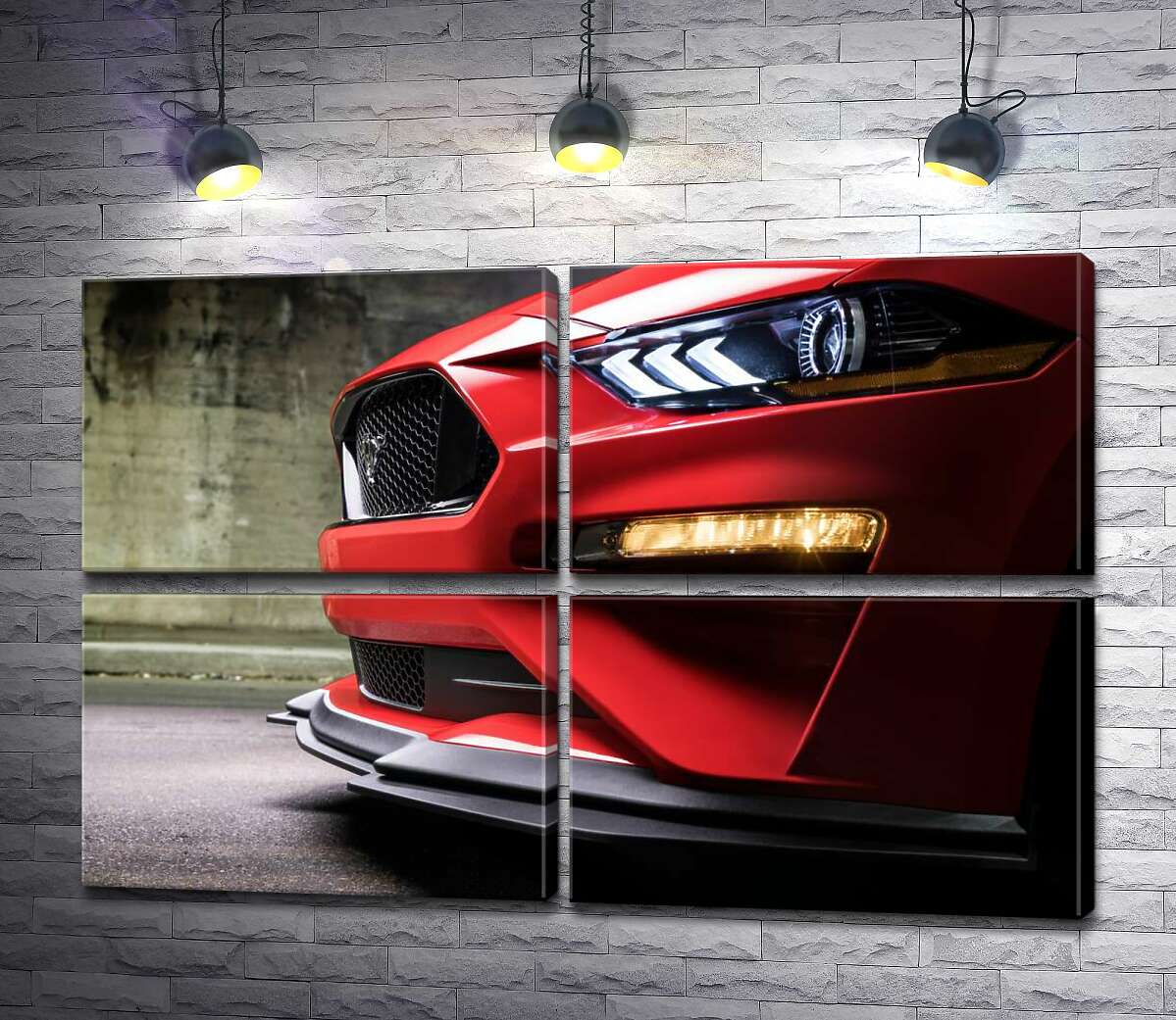 модульная картина Красный бампер автомобиля Ford Mustang Shelby GT500 с плавными изгибами фар (Модуль №25)
