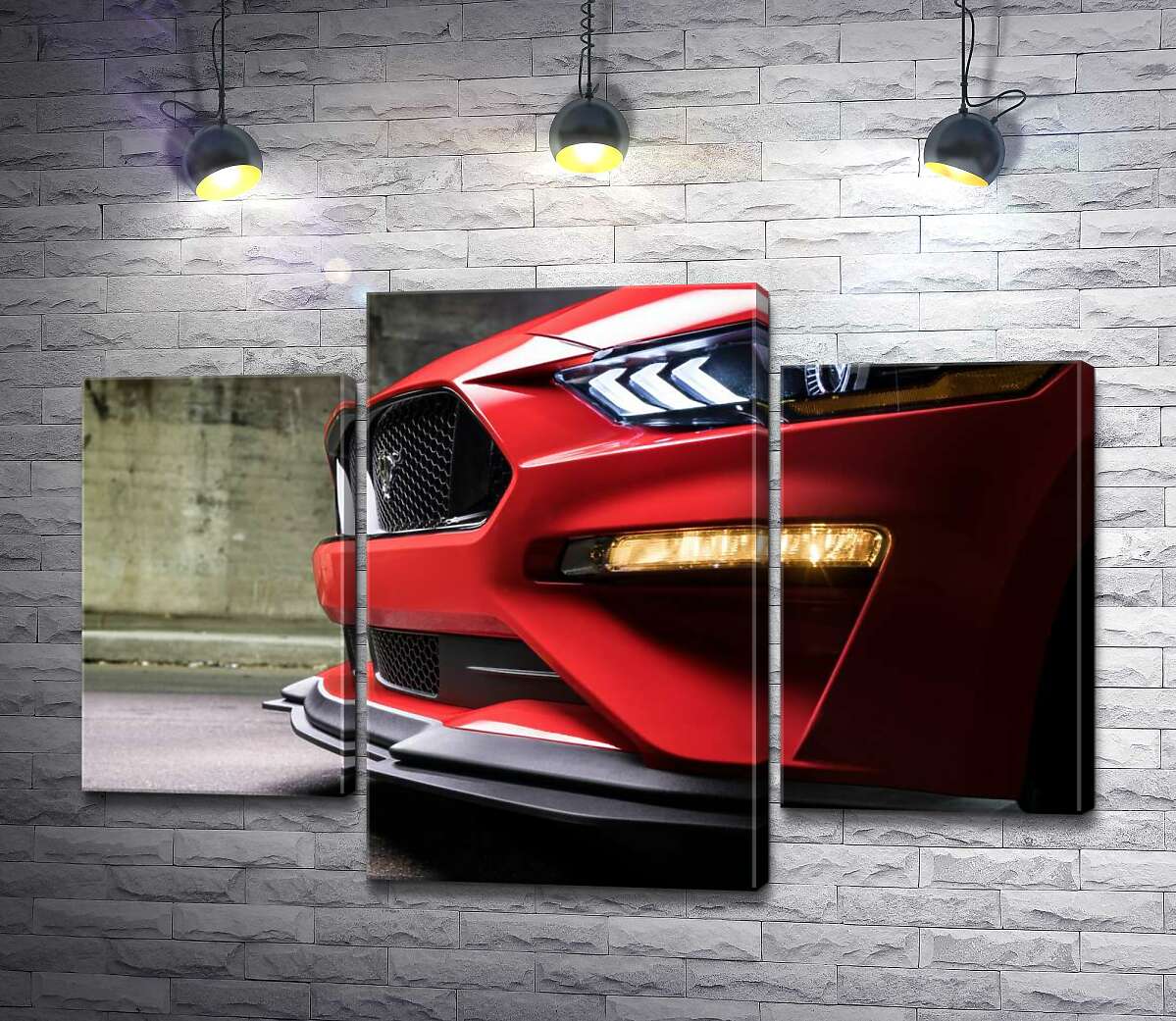 модульна картина Червоний бампер автомобіля Ford Mustang Shelby GT500 з плавними вигинами фар (Модуль №10)