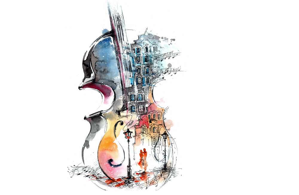 картина-постер Силуети будинків розчиняються у формах скрипки