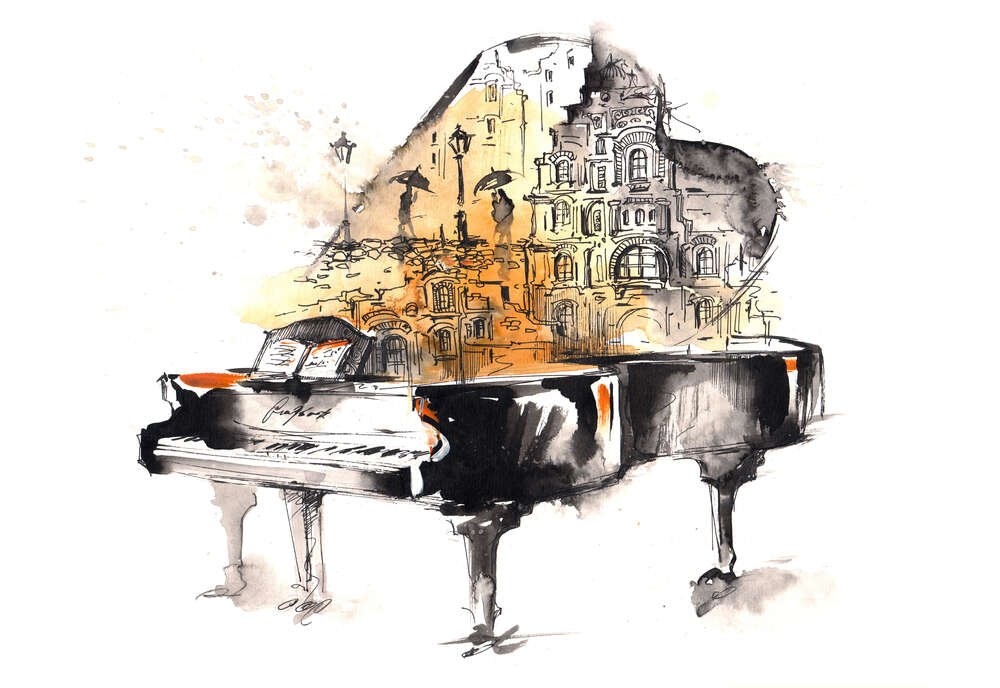 картина-постер Улица дождливого города на силуэте рояля