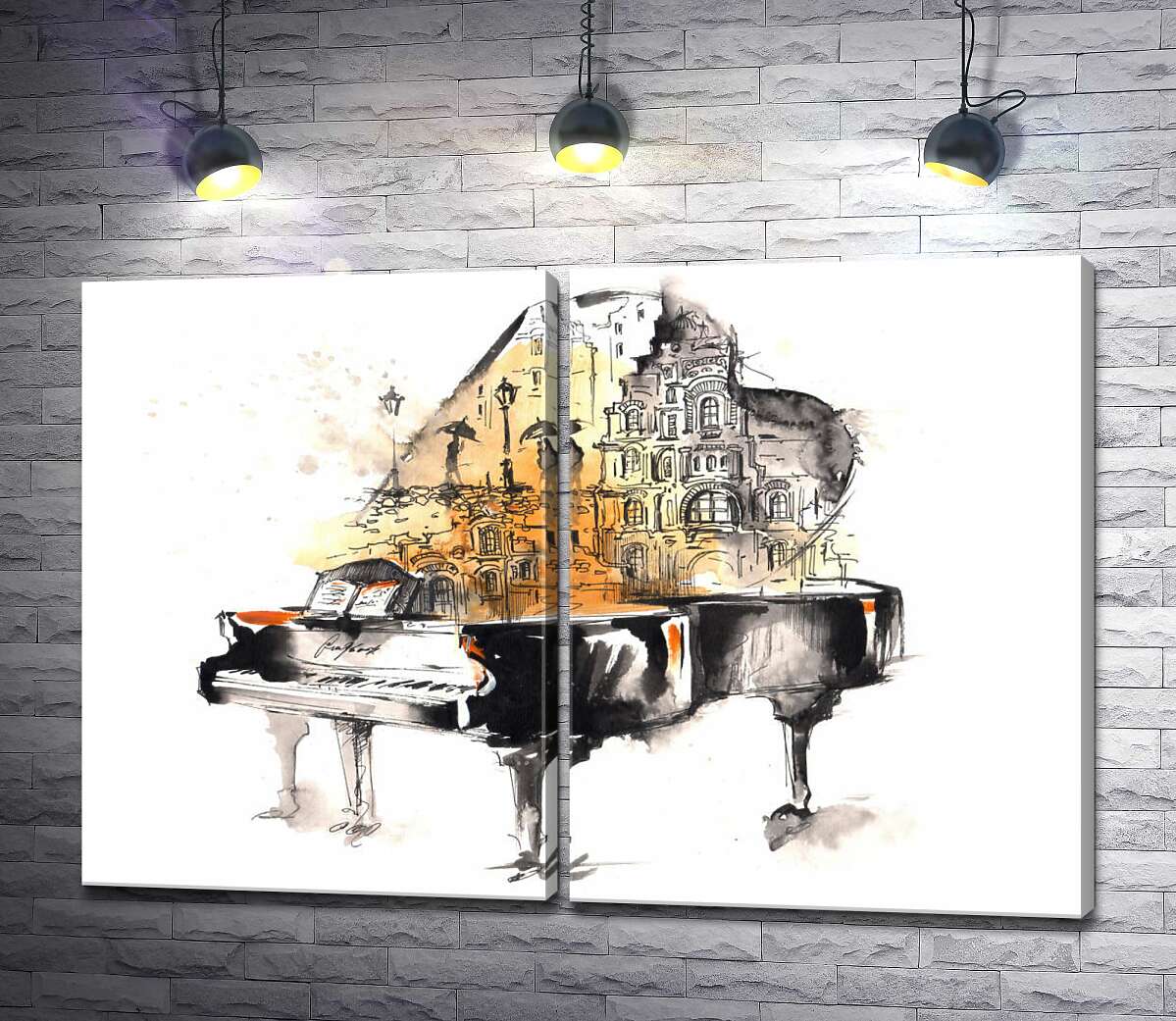 модульна картина Вулиця дощового міста на силуеті рояля