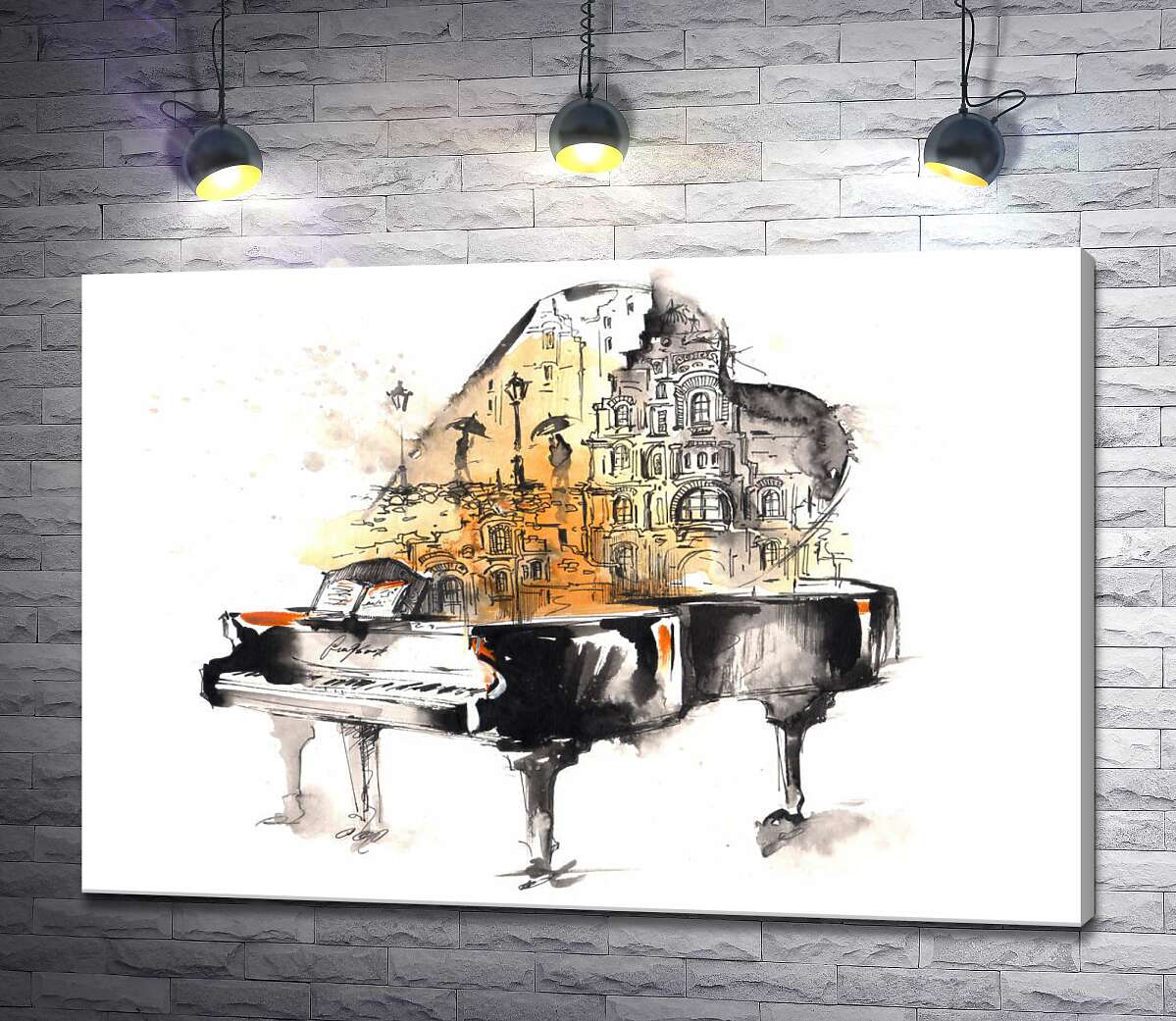 картина Улица дождливого города на силуэте рояля