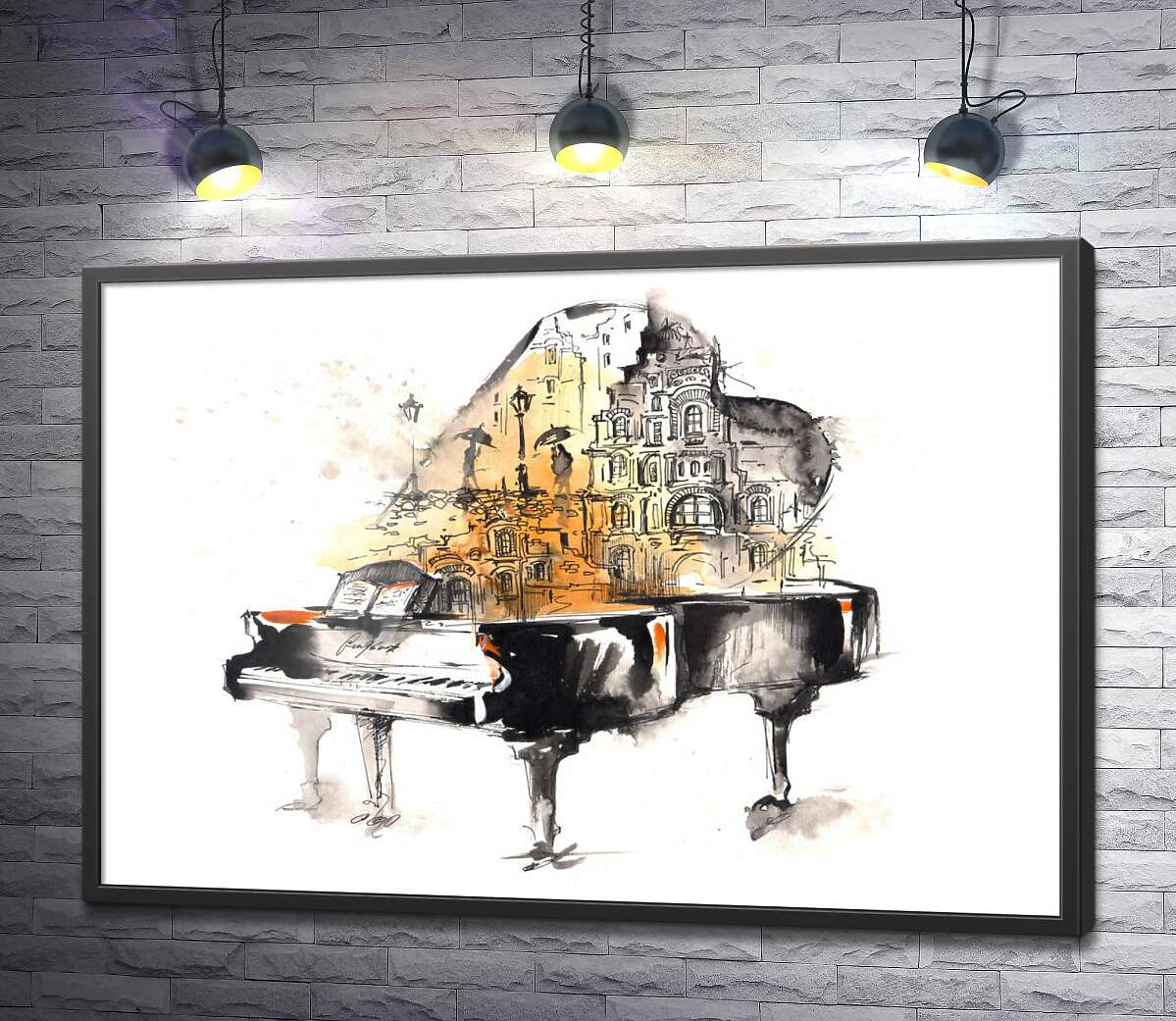 постер Улица дождливого города на силуэте рояля
