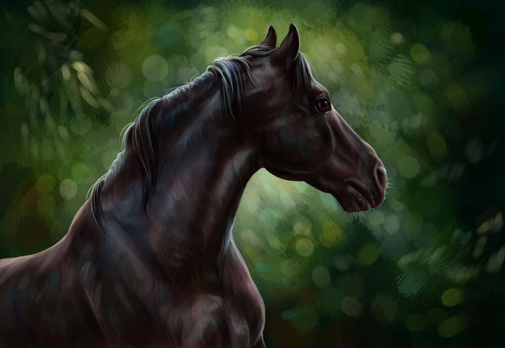 картина-постер Профиль вороного коня на фоне густых кустов