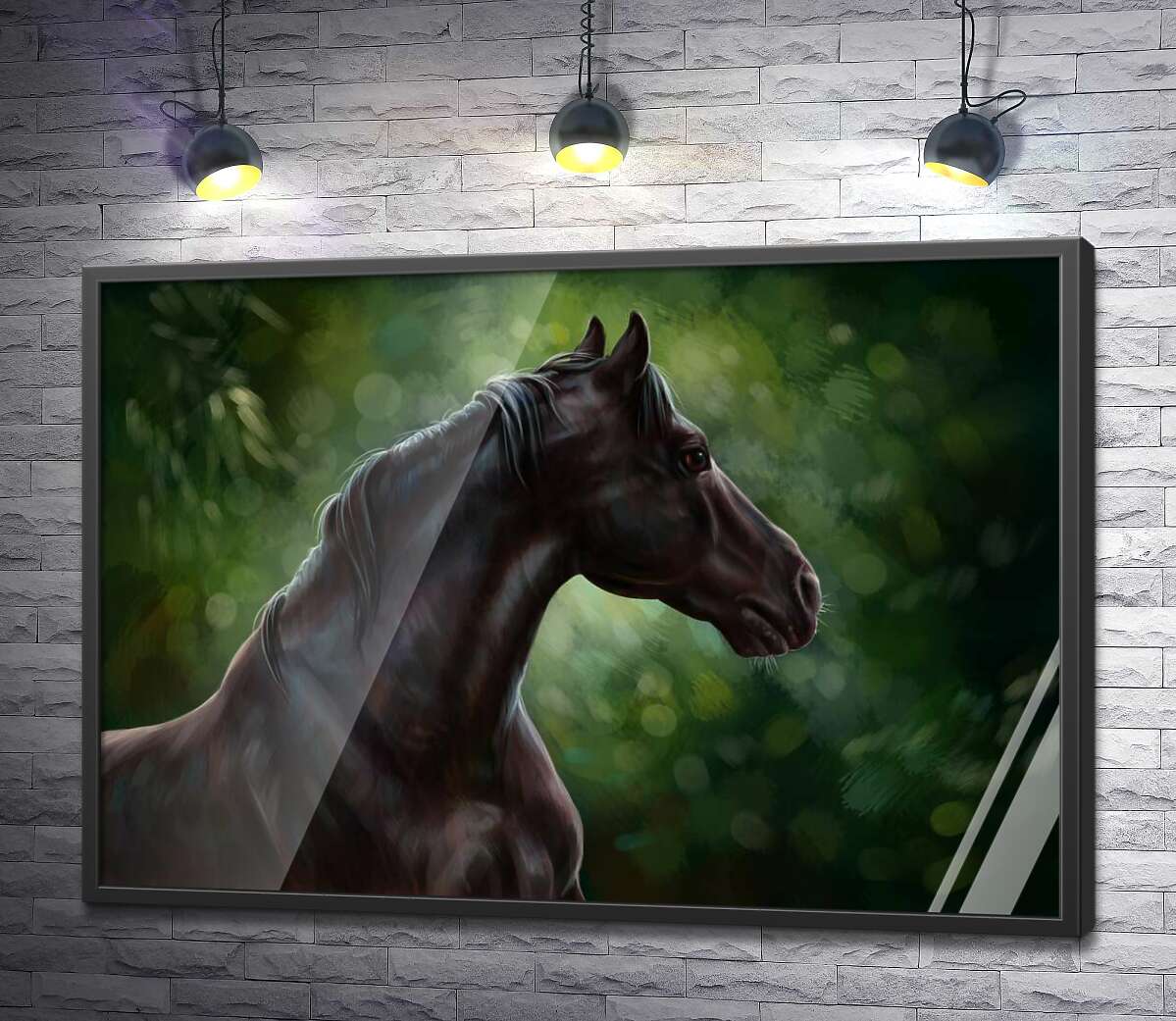 постер Профіль вороного коня на фоні густих кущів