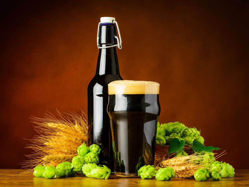 картина-постер Бутылка рядом с бокалом черного пива в окружении хмеля и пшеницы