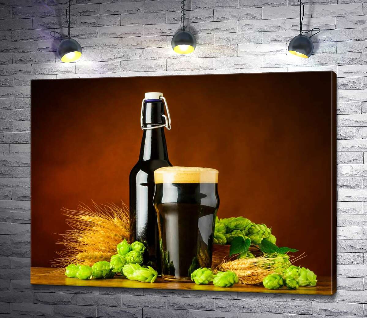 картина Пляшка поряд з келихом чорного пива в оточенні хмелю та пшениці