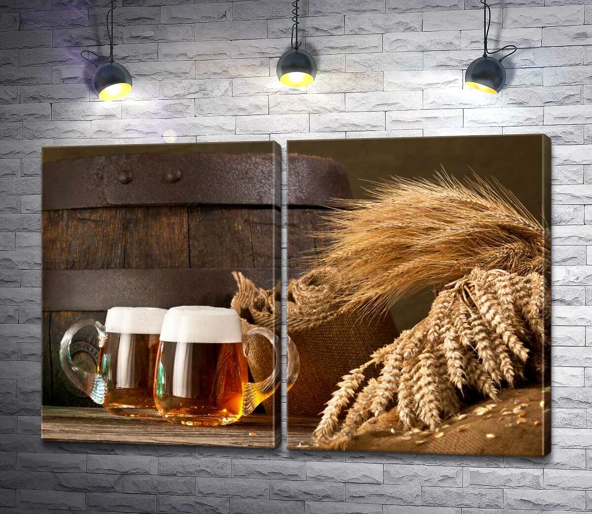 модульна картина Келихи пива в оточенні снопів пшениці та ячменю
