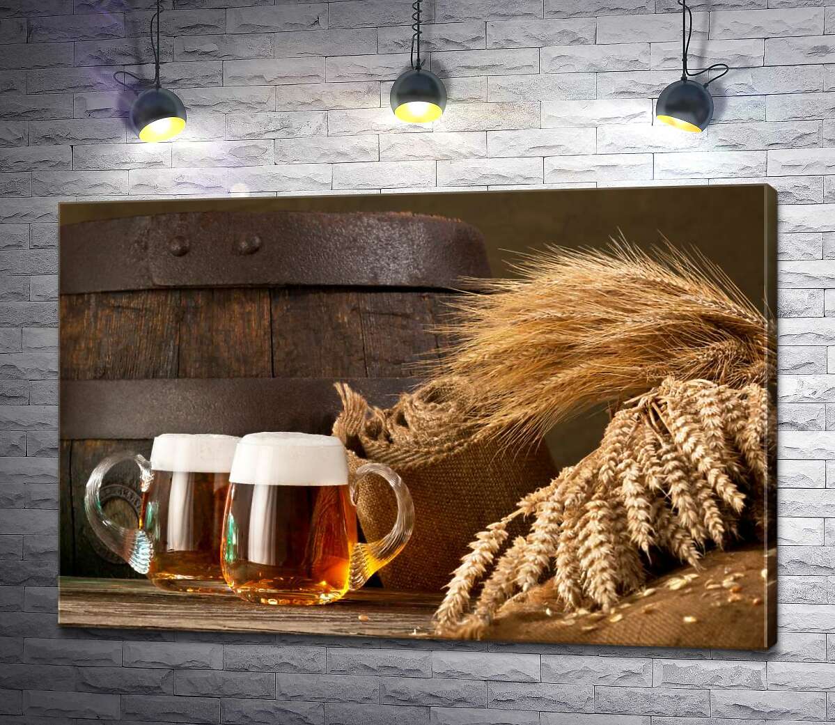 картина Бокалы пива в окружении снопов пшеницы и ячменя