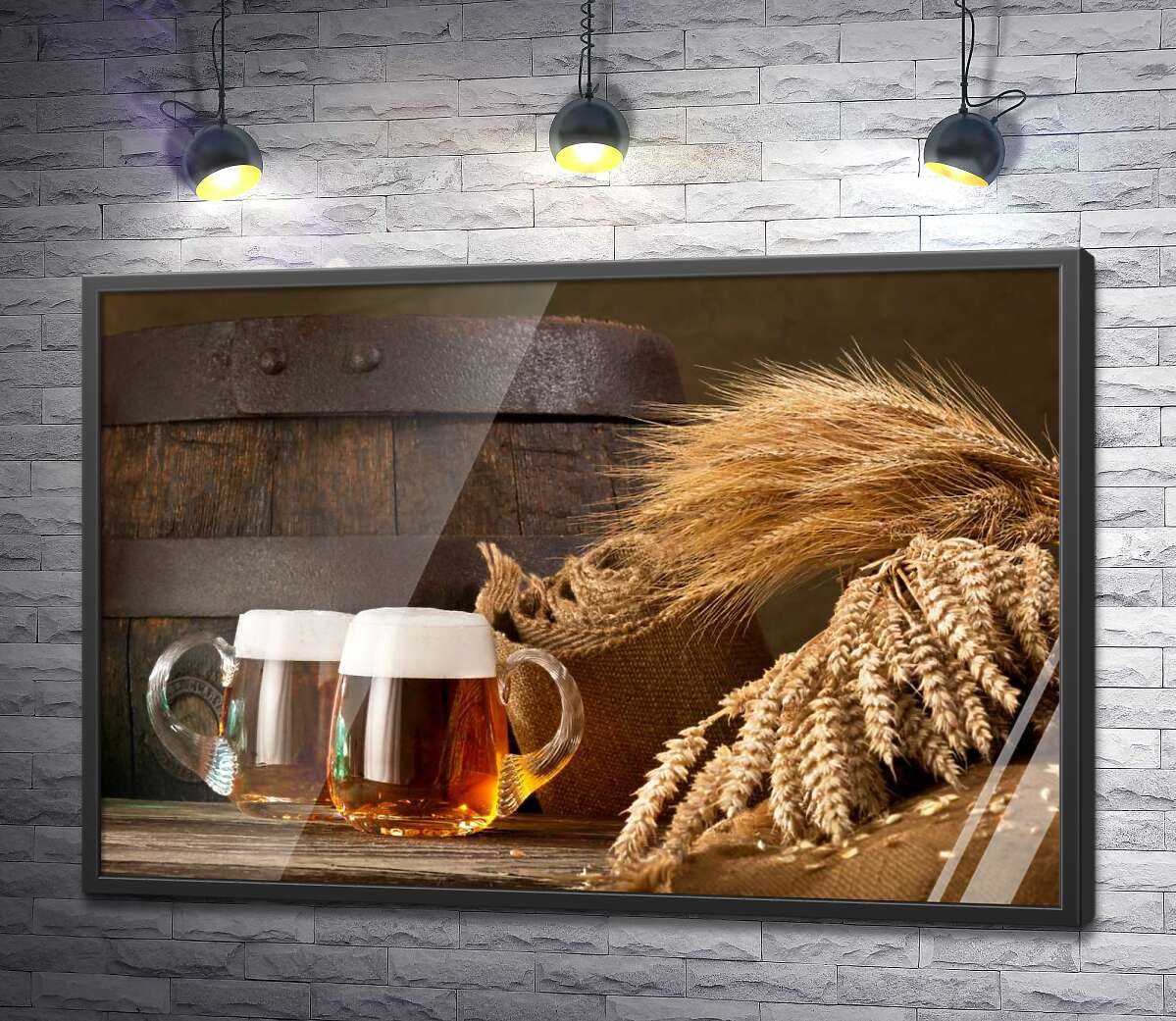 постер Бокалы пива в окружении снопов пшеницы и ячменя