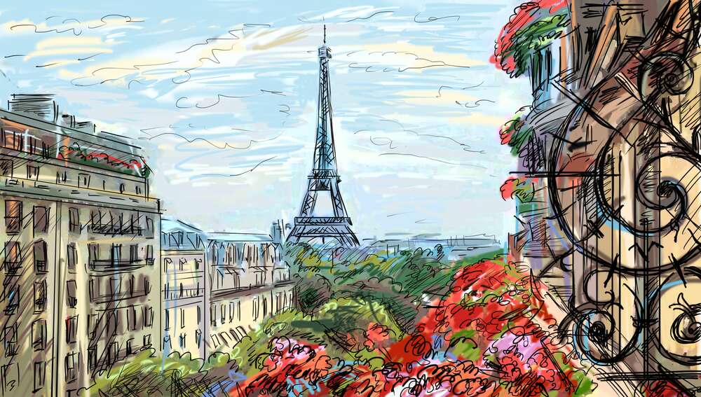 картина-постер Ейфелева вежа (Eiffel tower) видніється з літнього балкону старого будинку
