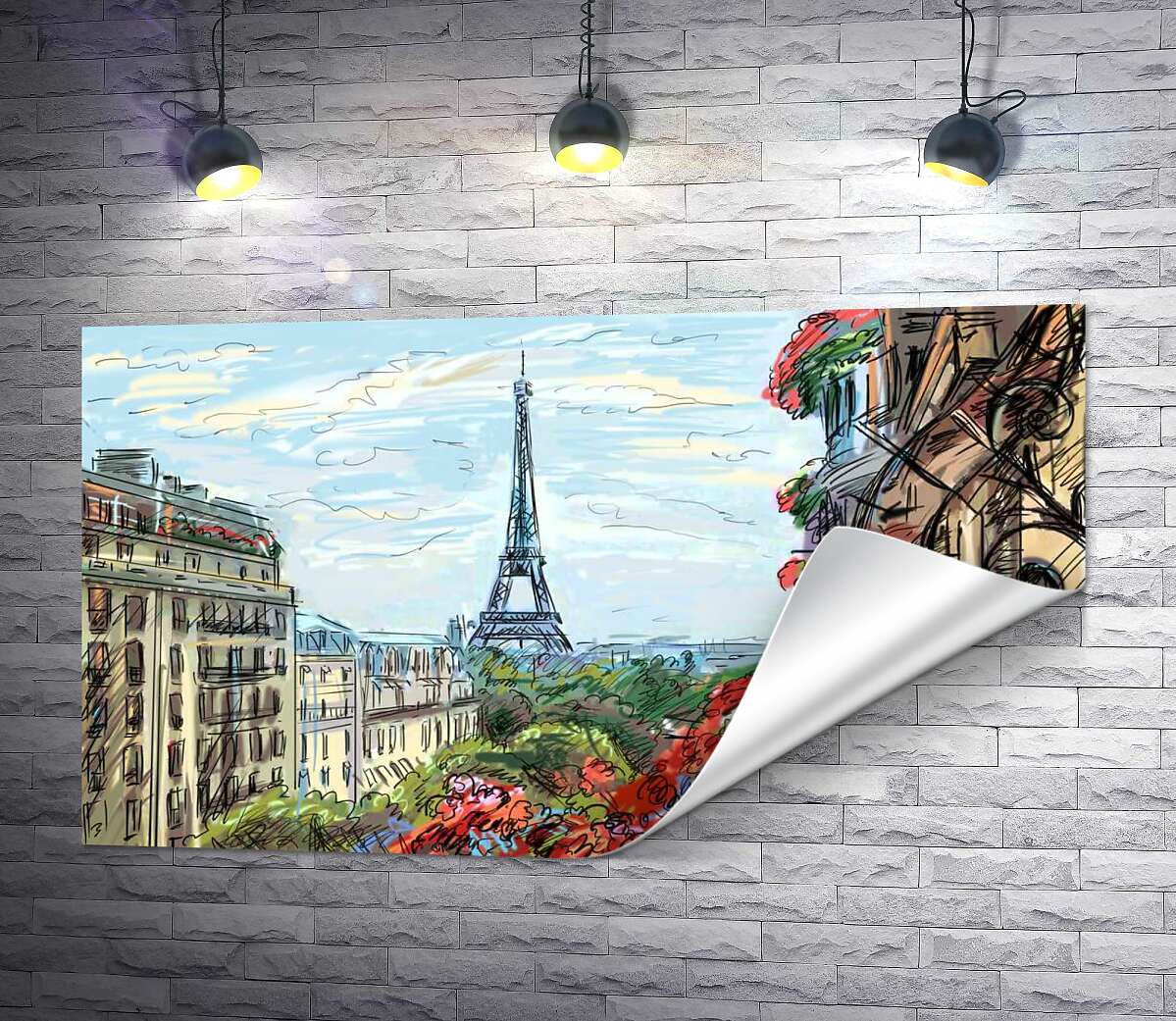 печать Эйфелева башня (Eiffel tower) виднеется с летнего балкона старого дома