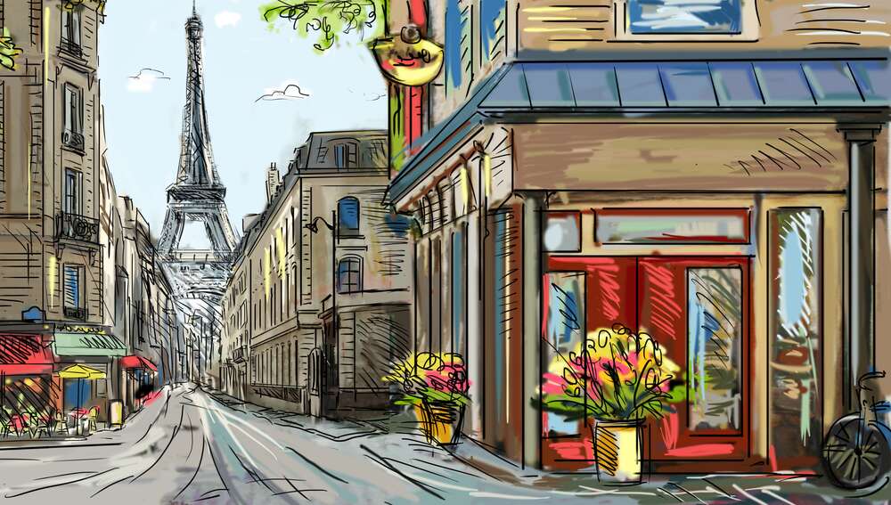 картина-постер Уютная парижская улица ведет мимо цветочного магазинчика к Эйфелевой башне (Eiffel tower)