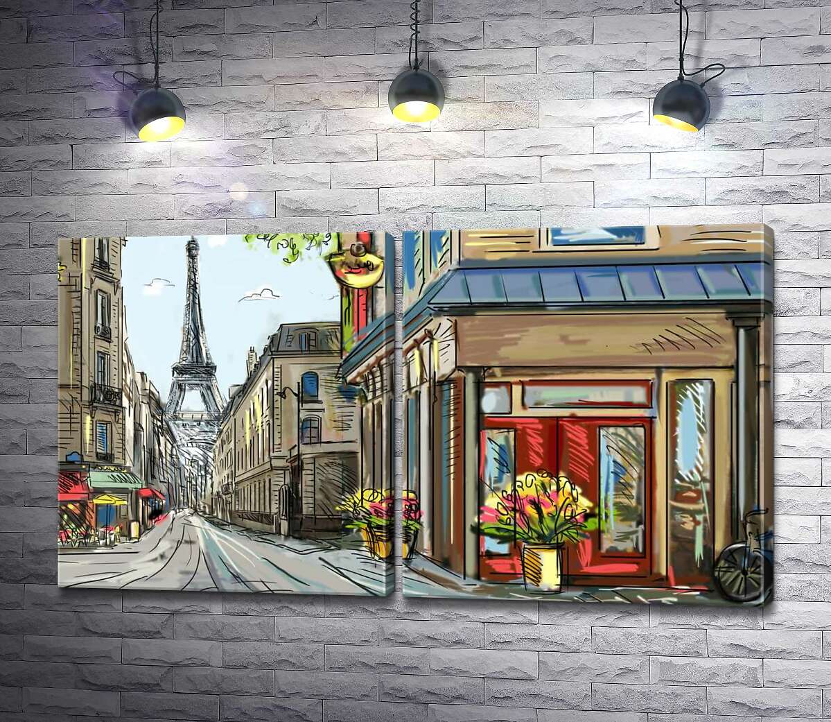 модульная картина Уютная парижская улица ведет мимо цветочного магазинчика к Эйфелевой башне (Eiffel tower)