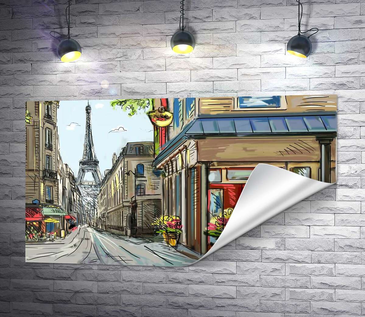 печать Уютная парижская улица ведет мимо цветочного магазинчика к Эйфелевой башне (Eiffel tower)