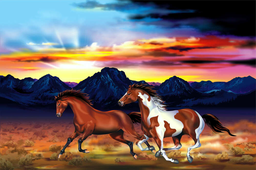 картина-постер Дикие кони скачут по горной долине