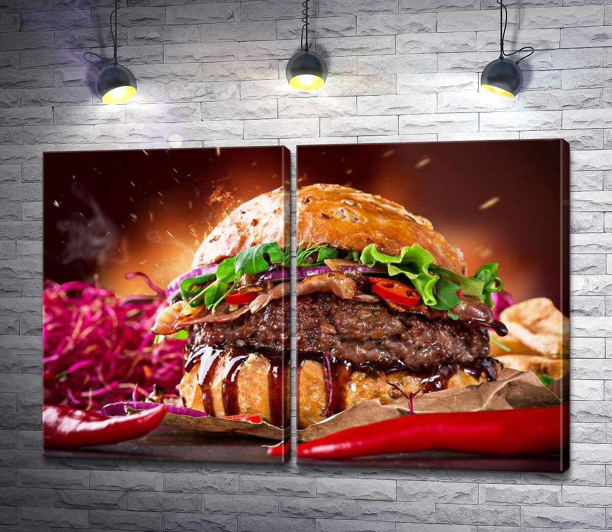 модульная картина Сочный бургер с шинкованным луком и перцами чили