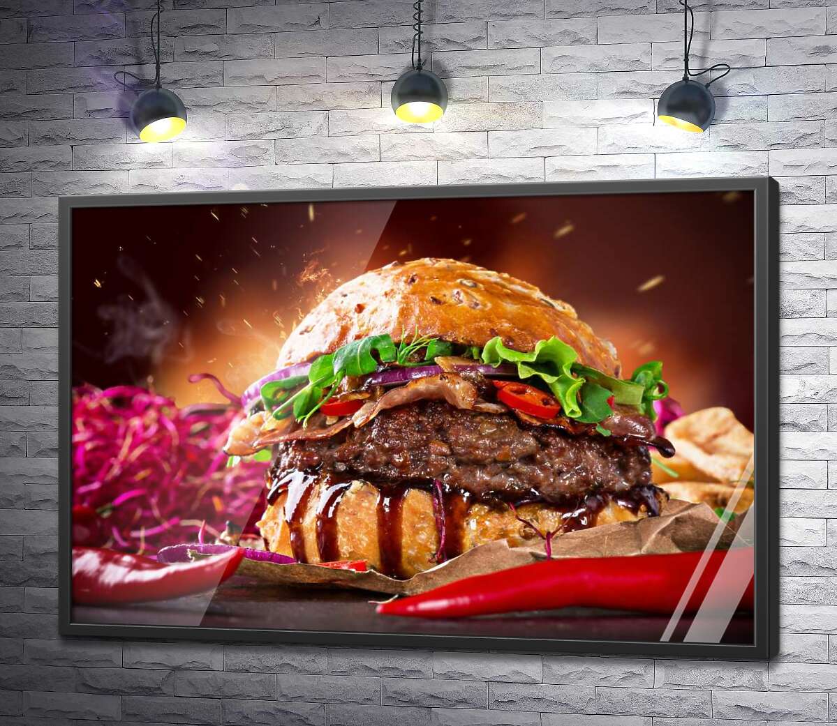 постер Сочный бургер с шинкованным луком и перцами чили