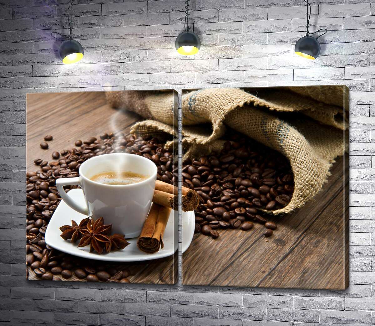 модульная картина Пастельные оттенки доппио эспрессо со специями и зернами кофе