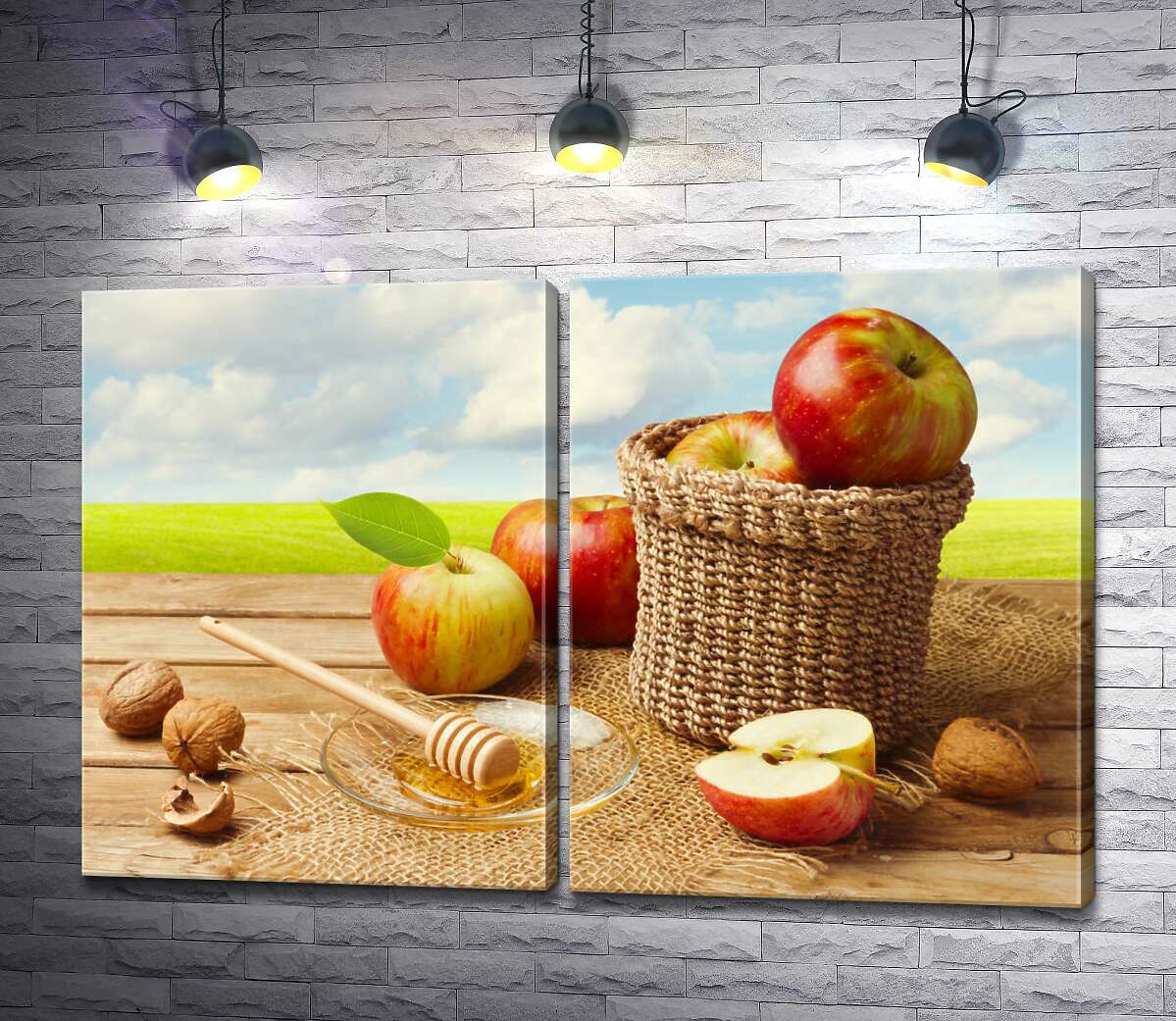 модульная картина Дары осени: корзина с яблоками, мед и орехи