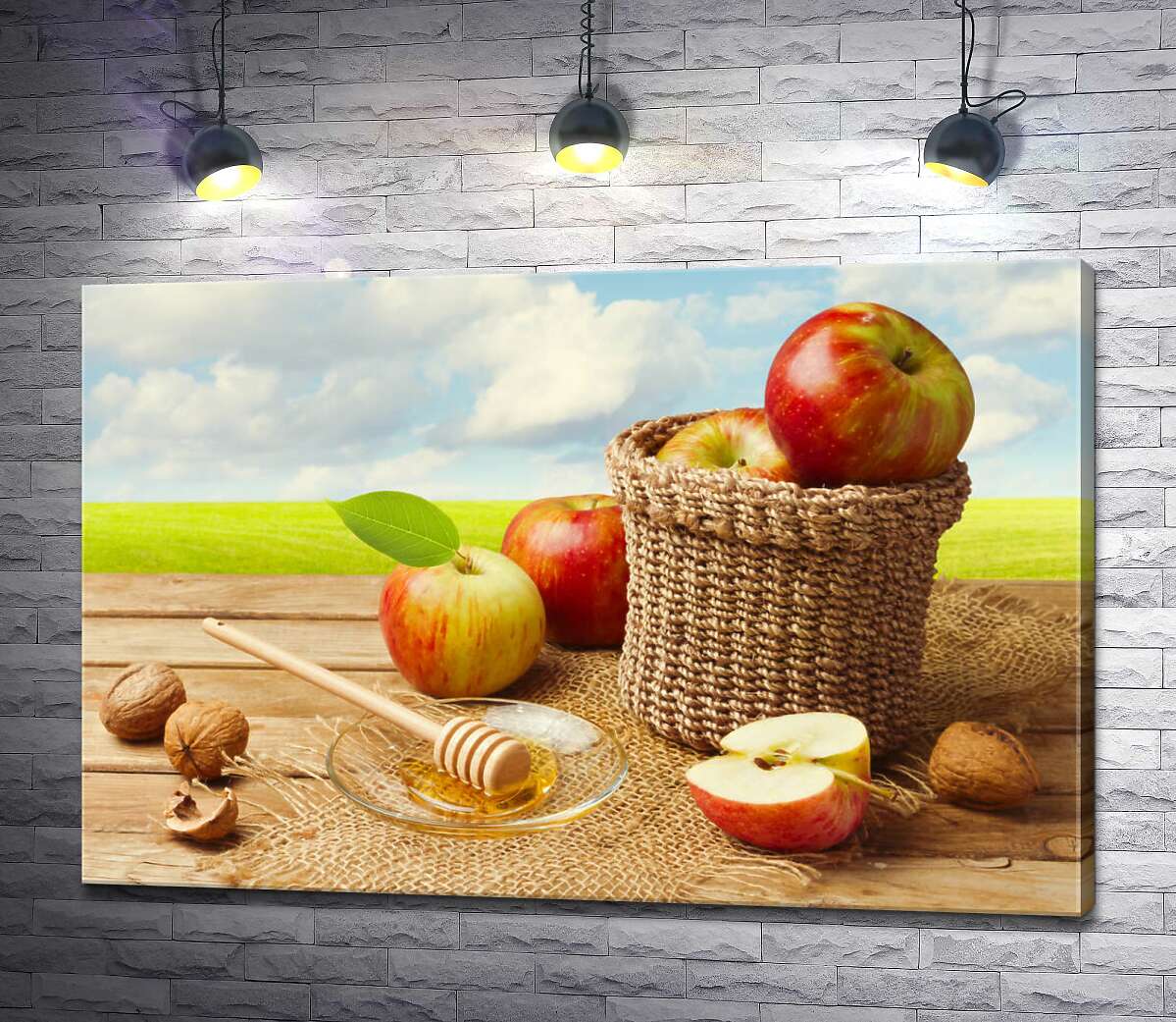 картина Дари осені: корзина із яблуками, мед та горіхи