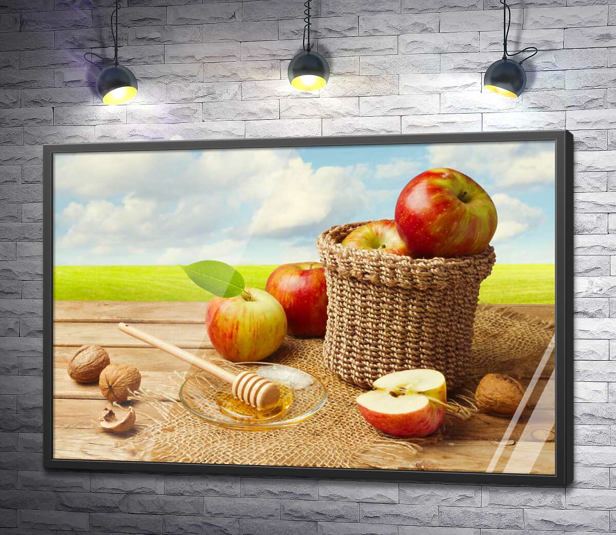постер Дары осени: корзина с яблоками, мед и орехи
