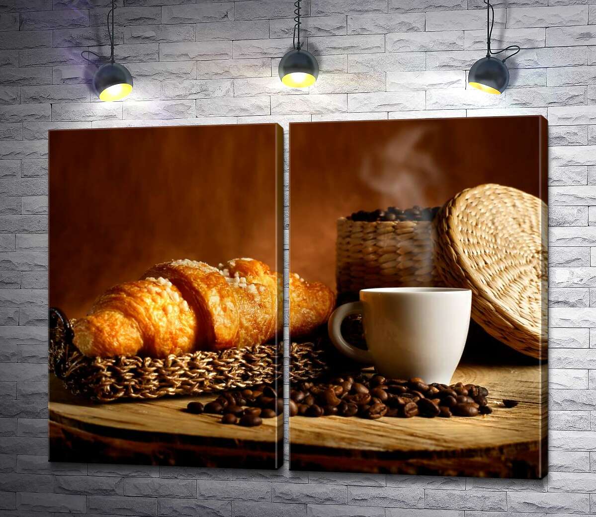 модульна картина Гаряча кава із круасаном на сніданок