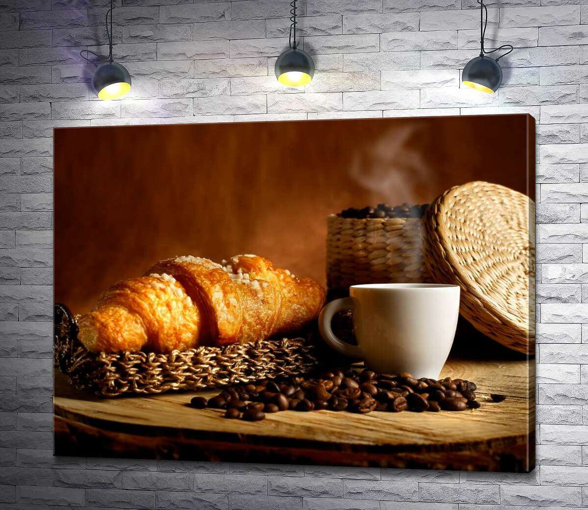 картина Горячий кофе с круассаном на завтрак