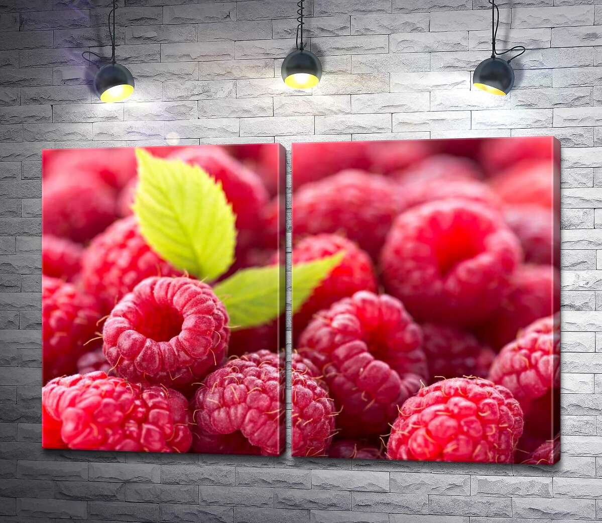модульная картина Сладкие ягоды малины с нежными листочками