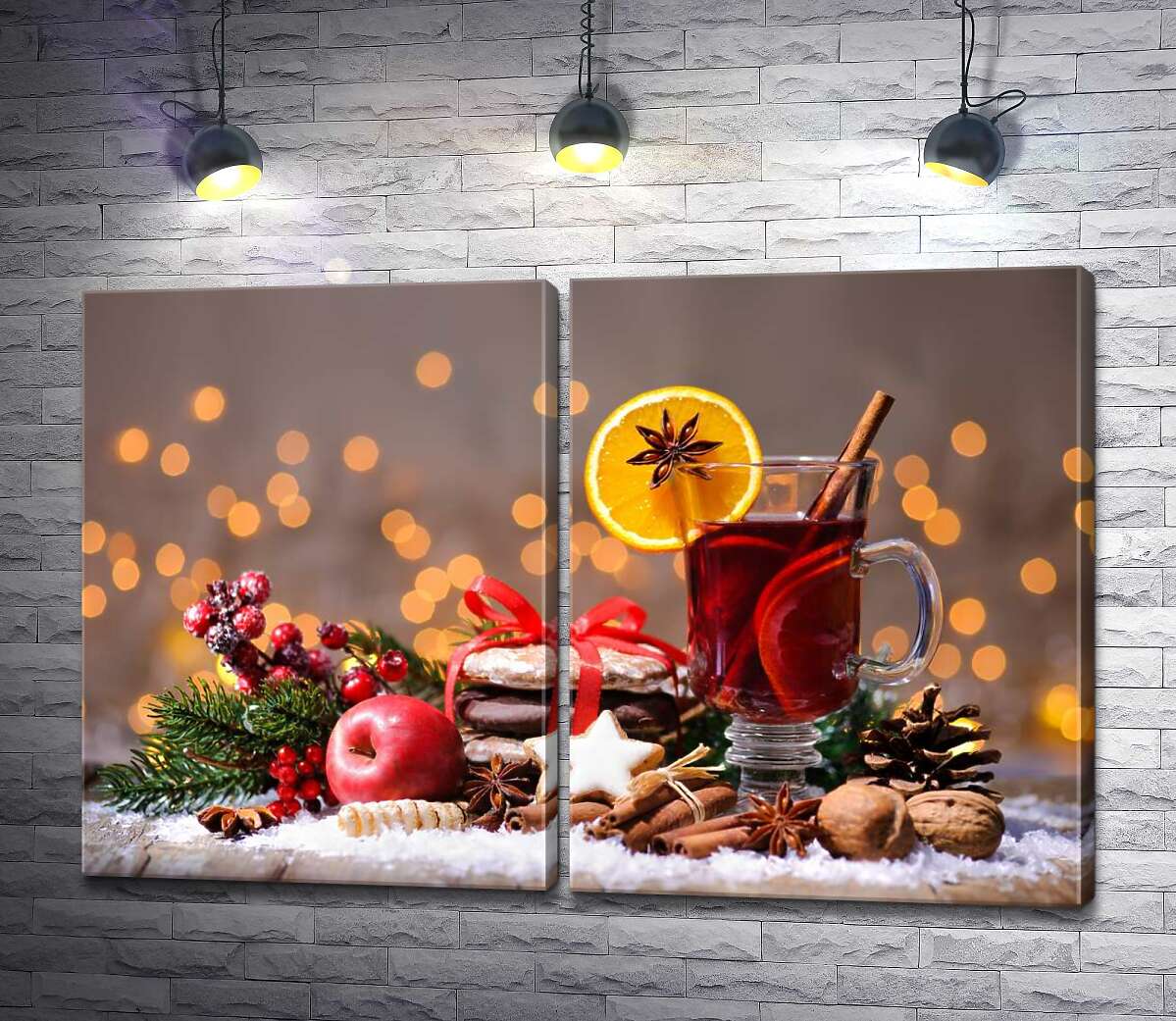 модульна картина Новорічний натюрморт: запашний глінтвейн із пакунком печива, яблуком та прянощами
