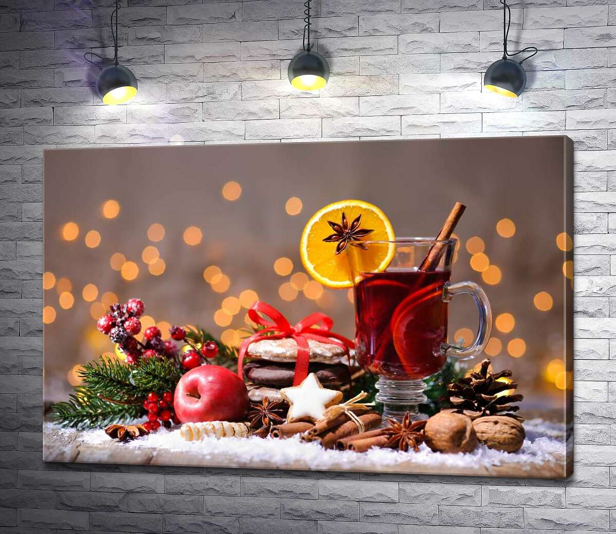 картина Новогодний натюрморт: душистый глинтвейн со связкой печенья, яблоком и пряностями