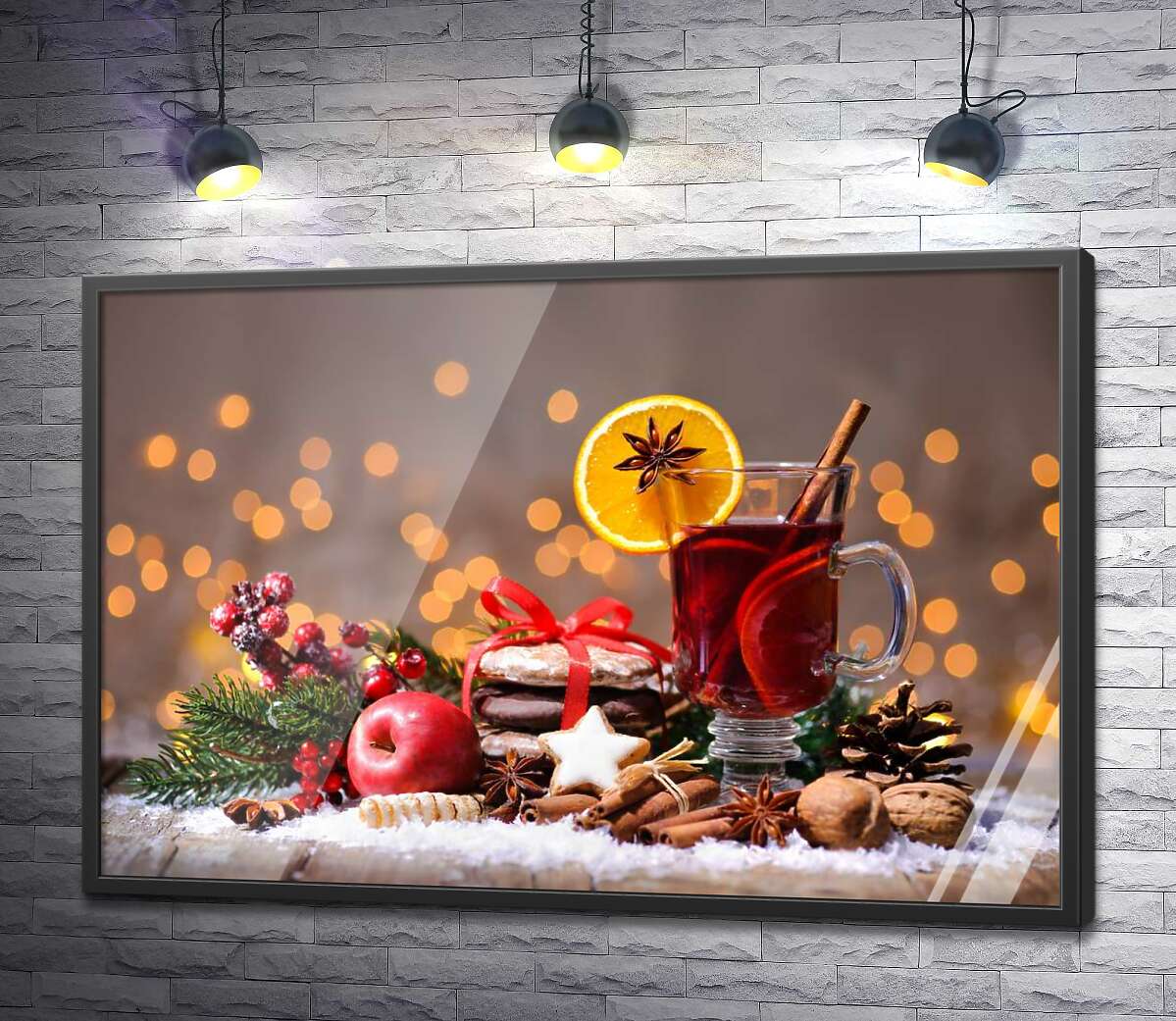 постер Новорічний натюрморт: запашний глінтвейн із пакунком печива, яблуком та прянощами