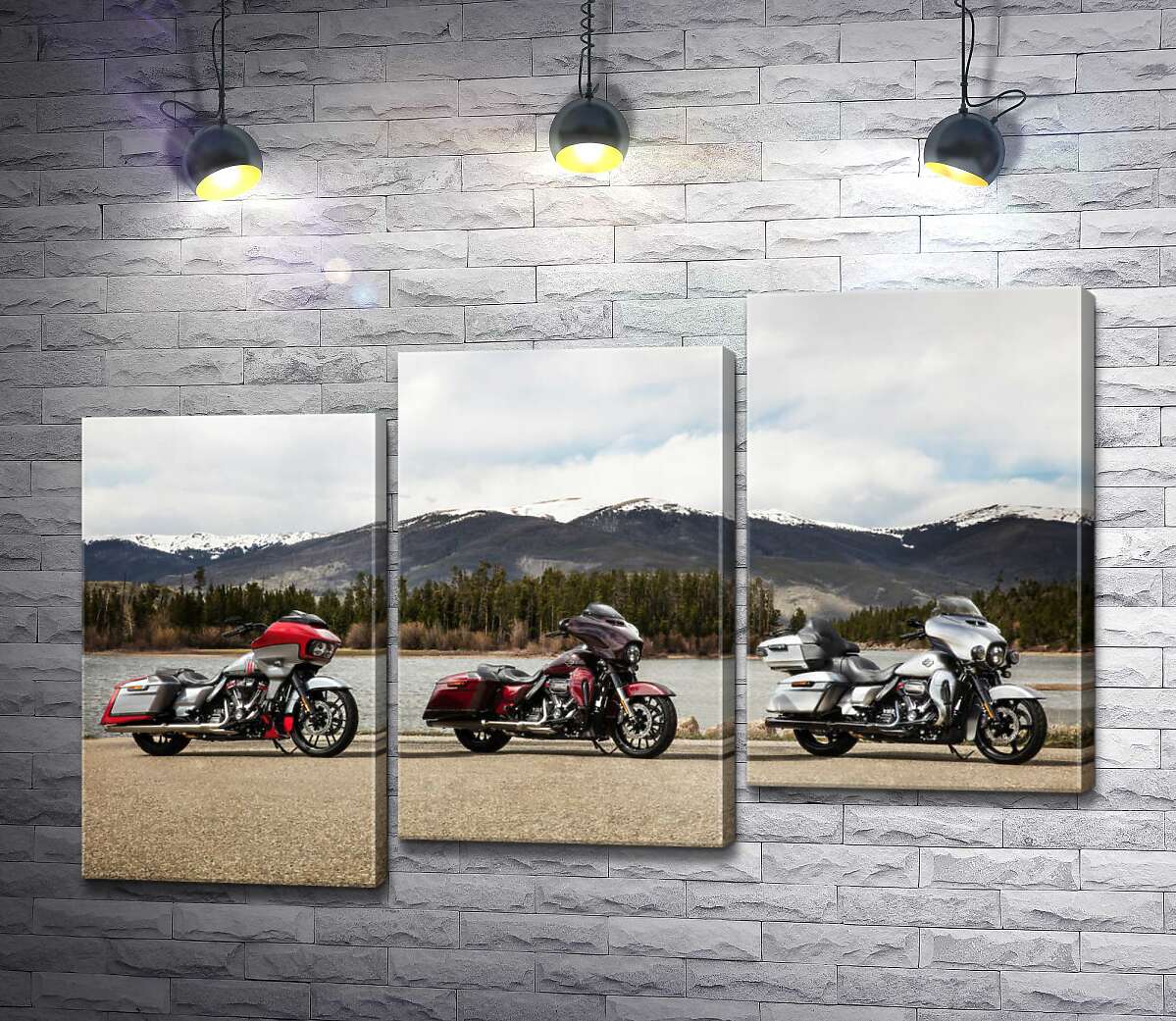 модульна картина Три мотоцикли Harley-Davidson Road Glide стоять на березі річки (Модуль №14)