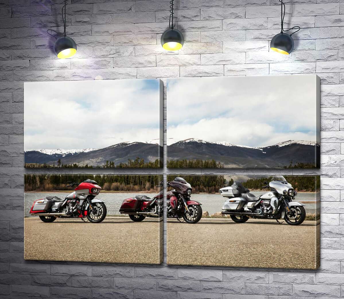 модульная картина Три мотоцикла Harley-Davidson Road Glide стоят на берегу реки (Модуль №25)