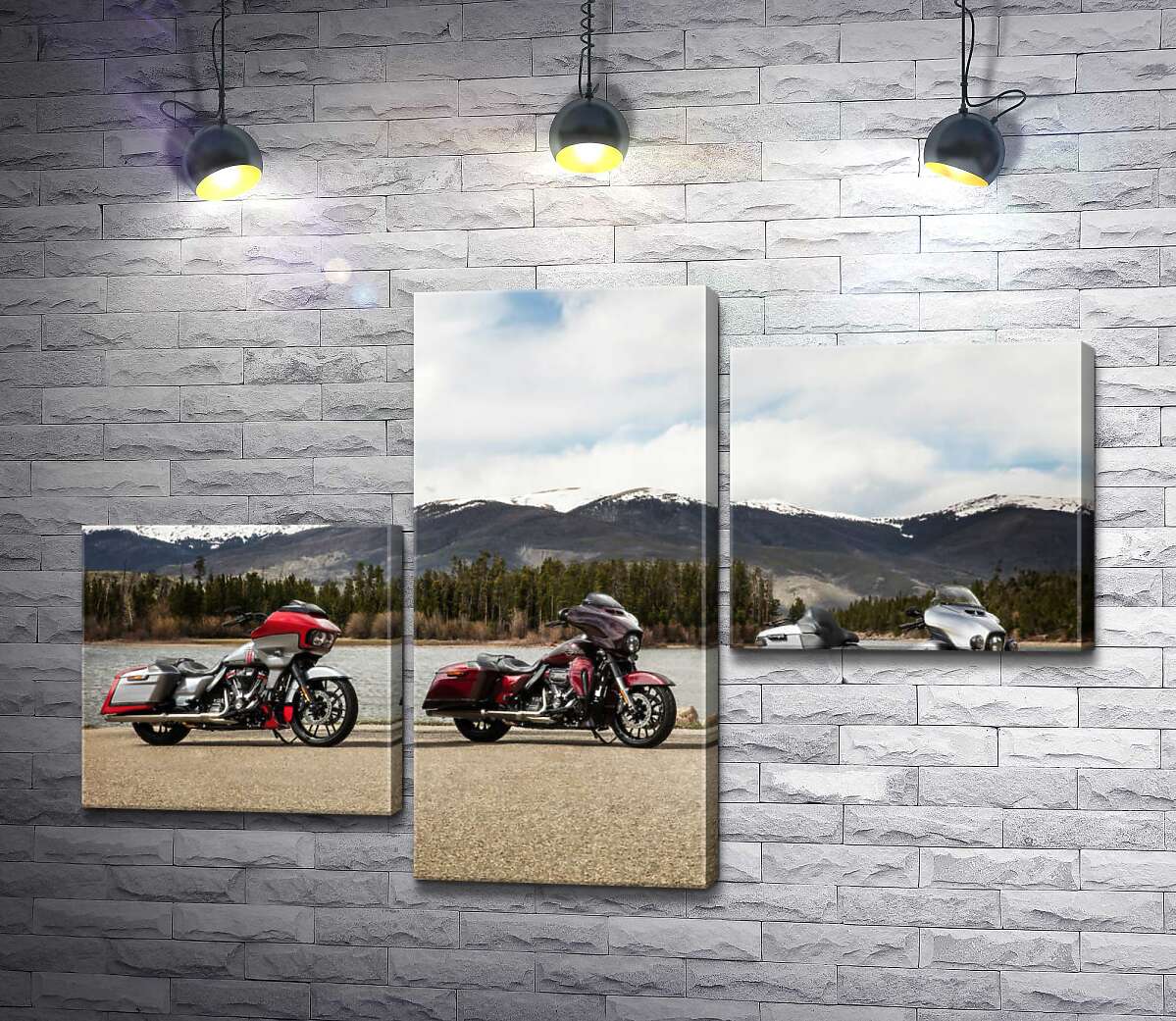 модульная картина Три мотоцикла Harley-Davidson Road Glide стоят на берегу реки (Модуль №12)