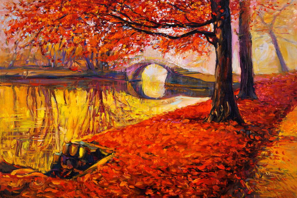 картина-постер Золоті гілки дерев схились над осінніми водами озера