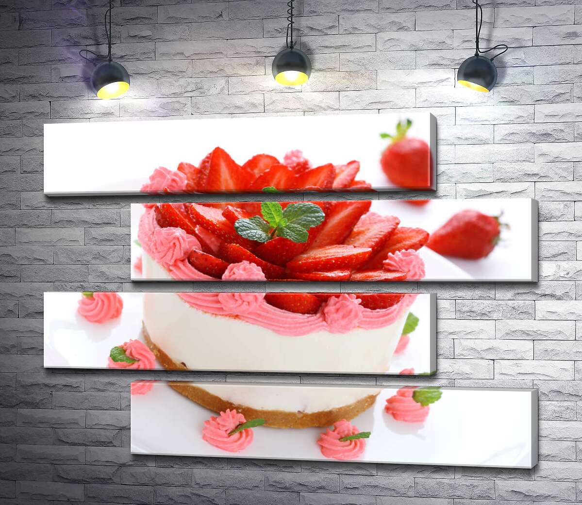 модульная картина Нежные слои клубничного чизкейка, украшенные розовым кремом (Модуль №23)