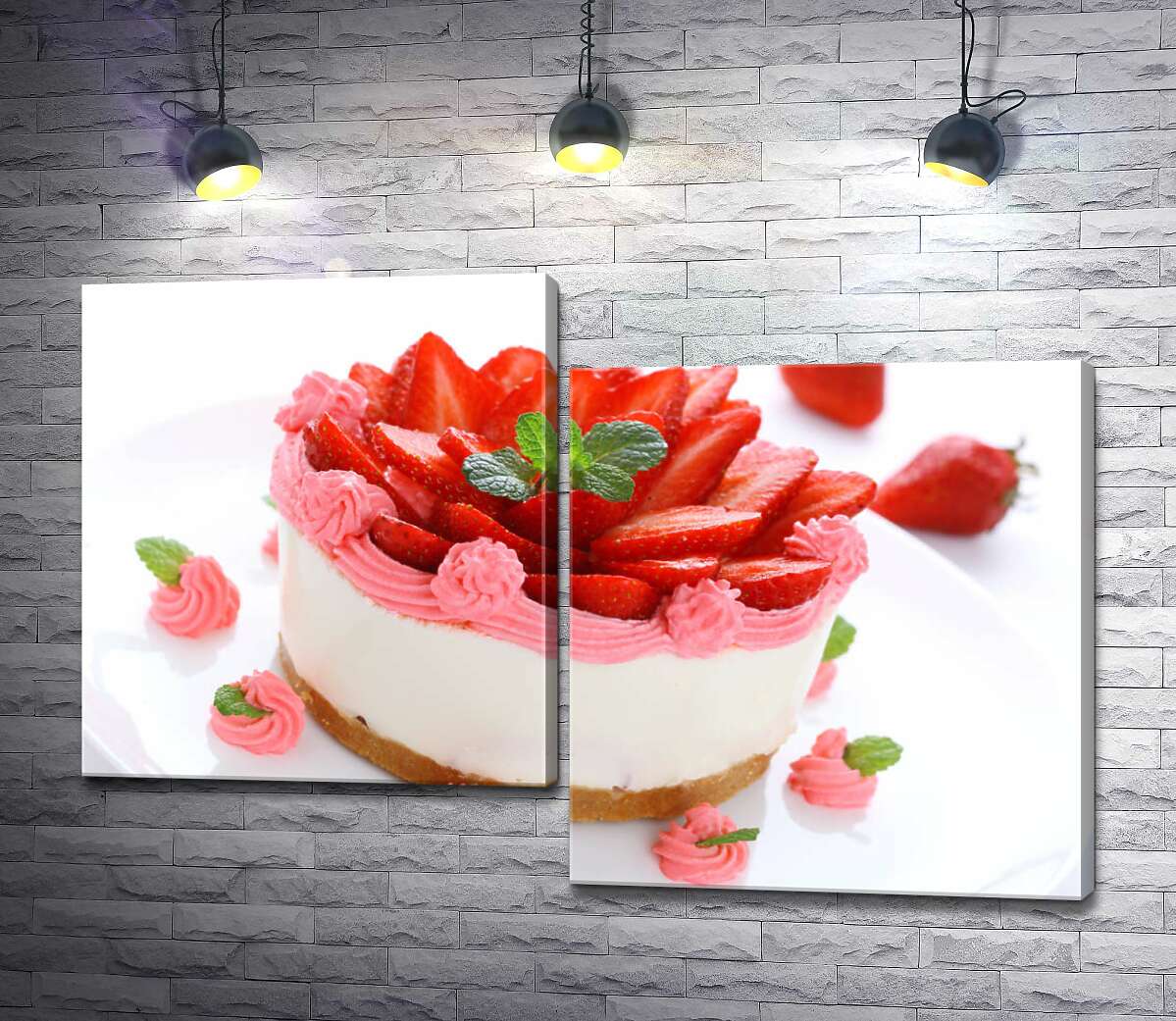 модульная картина Нежные слои клубничного чизкейка, украшенные розовым кремом (Модуль №9)