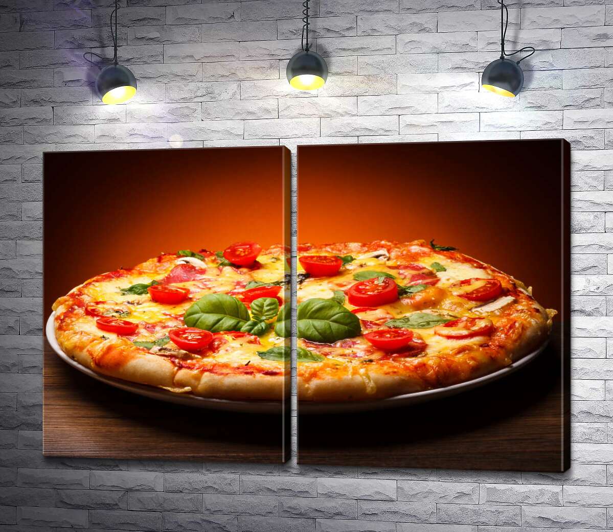 модульная картина Пышный слой теста в пицце, украшенной слайсами помидоров и базиликом
