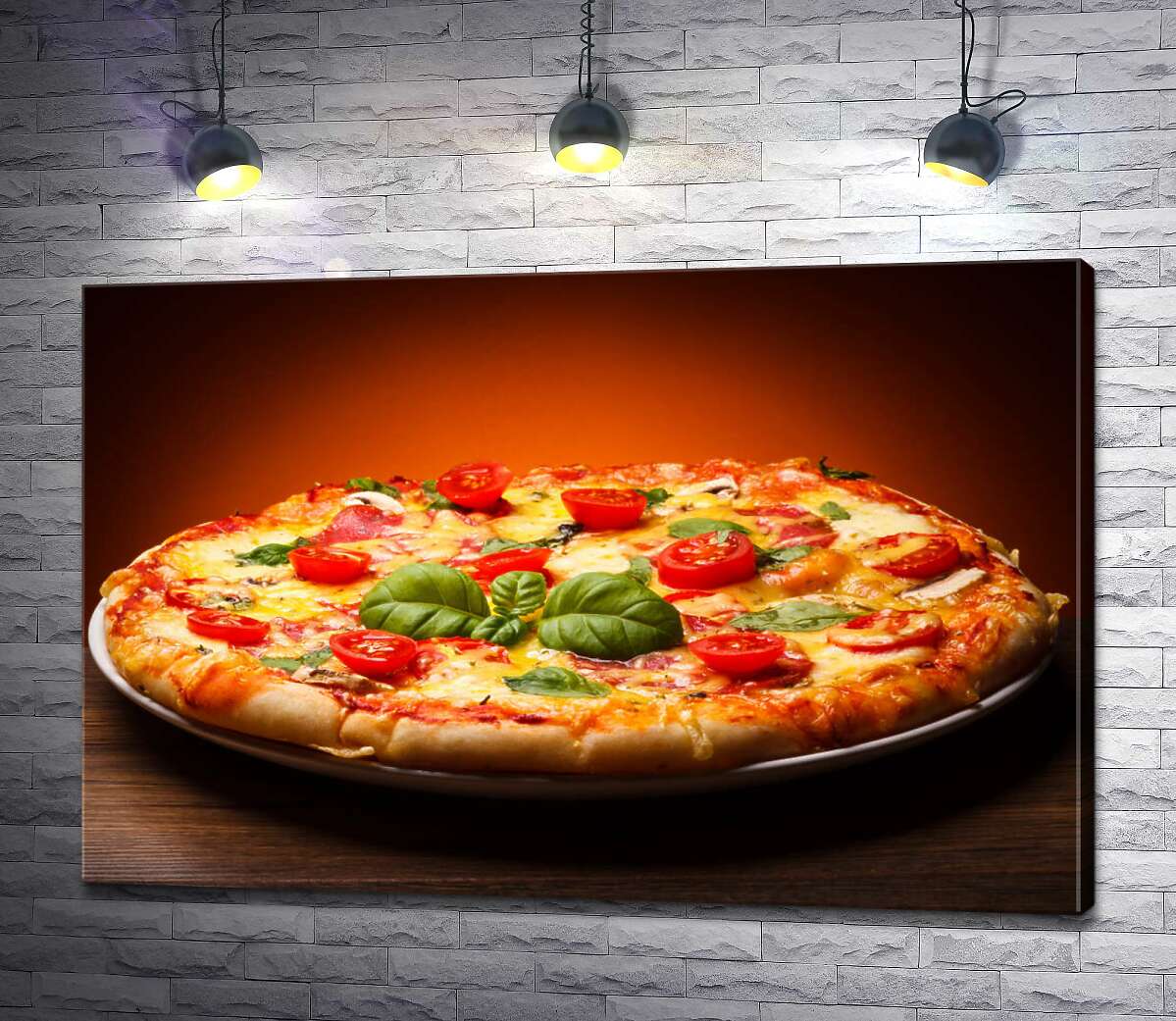 картина Пышный слой теста в пицце, украшенной слайсами помидоров и базиликом
